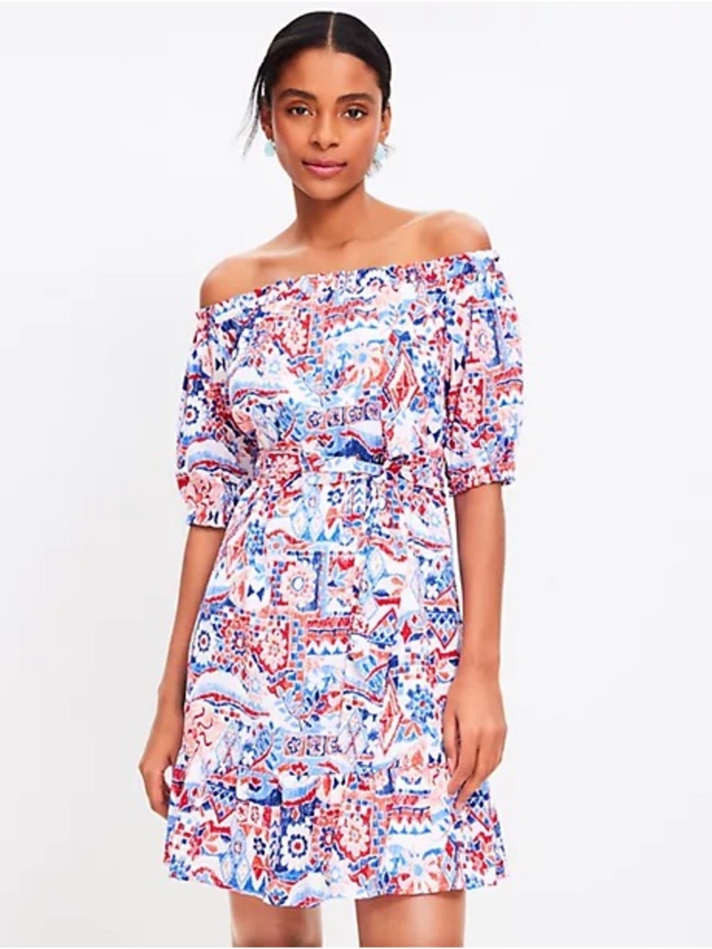 LOFT Off-the-Shoulder Ruffle Printed Cotton Blend Dress in Blue & Red